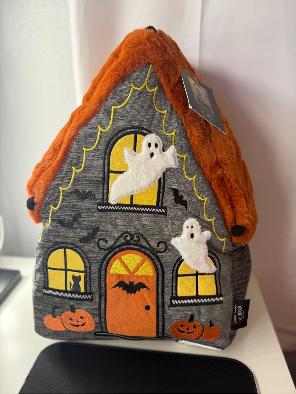Cynthia Rowley Halloween Haunted House Embroidered Decorative Pillow Grey NWT